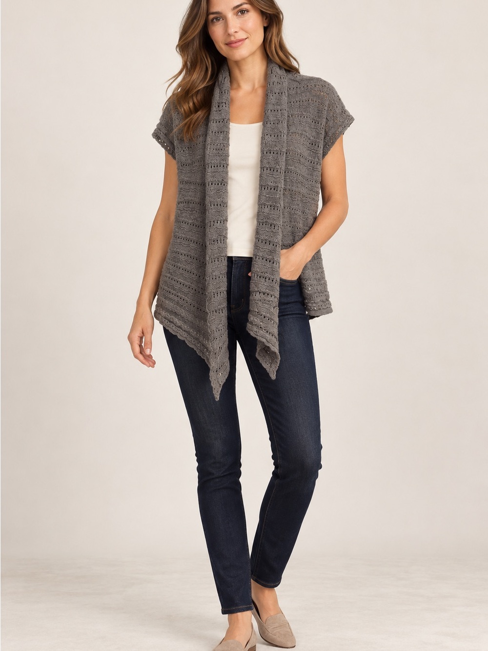 Women’s Sonoma Gray Open Knit Short Sleeve Draped Cardigan Sweater Size Large